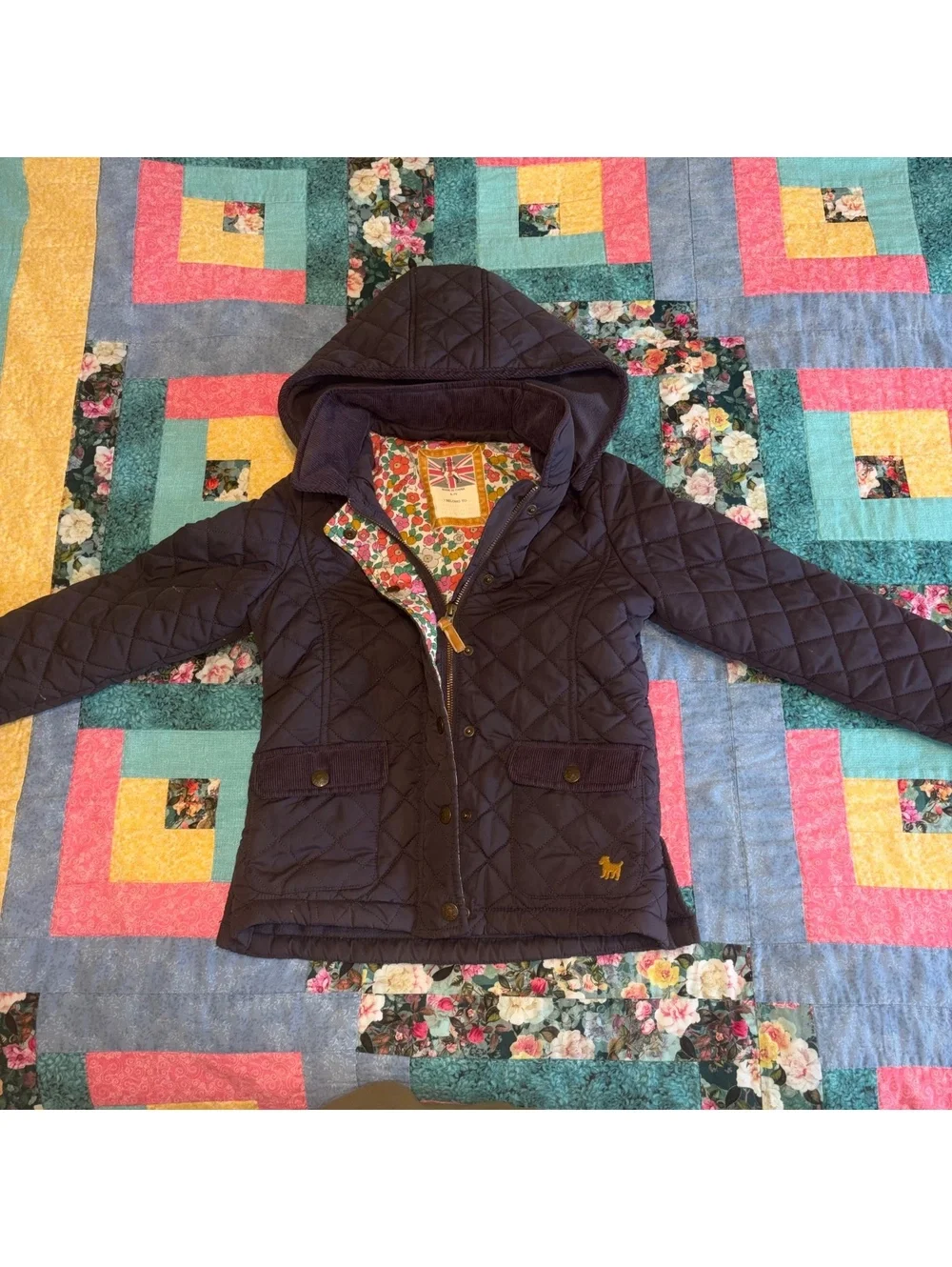 Mini Boden Girls 6-7Y Quilted Hooded Jacket with Floral Lining for Kids